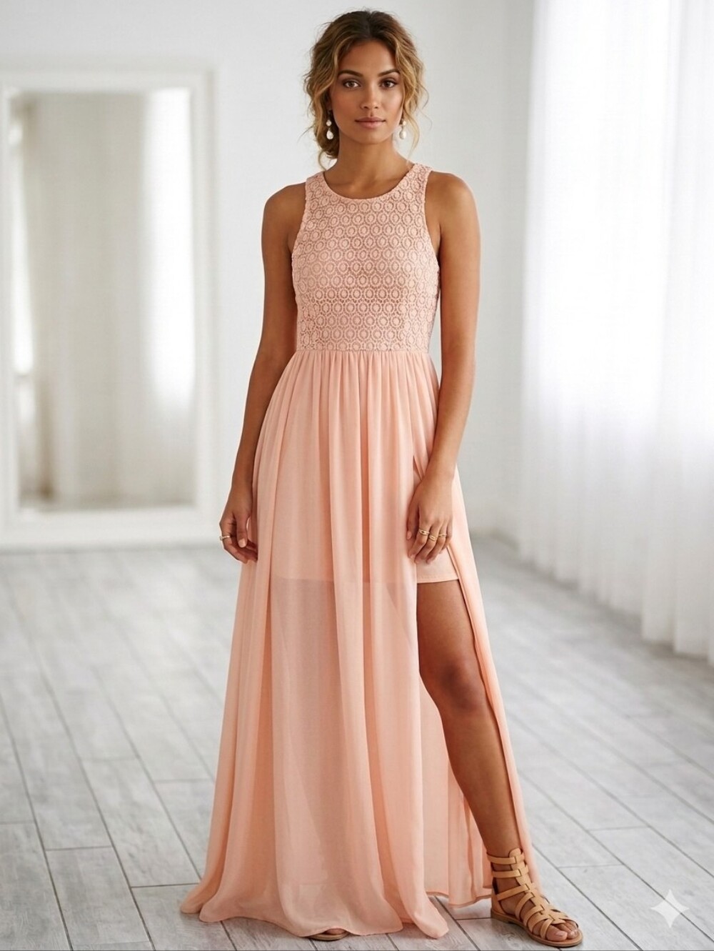 ALTAR'D STATE Beautiful Blush Pink Floral & Flowy High-Low Maxi Dress w/ Slit